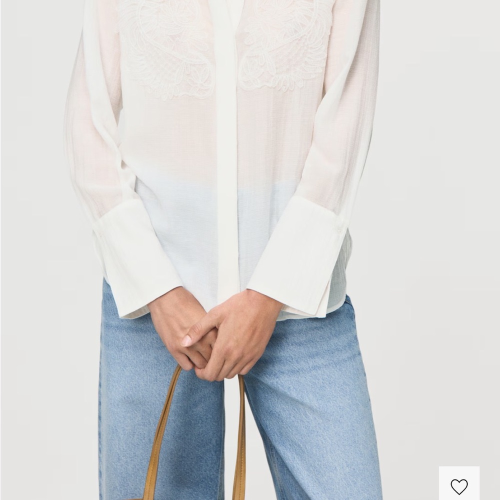 Mango Ivory Sheer Embroidered Button-Down Blouse
